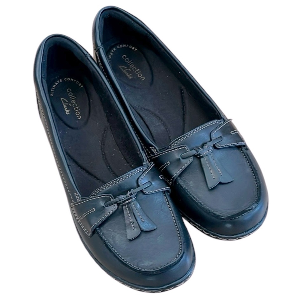 CLARK’S ULTIMATE COMFORT COLLECTION TASSELED WEDGE LOAFERS BLACK SIZE 8M
